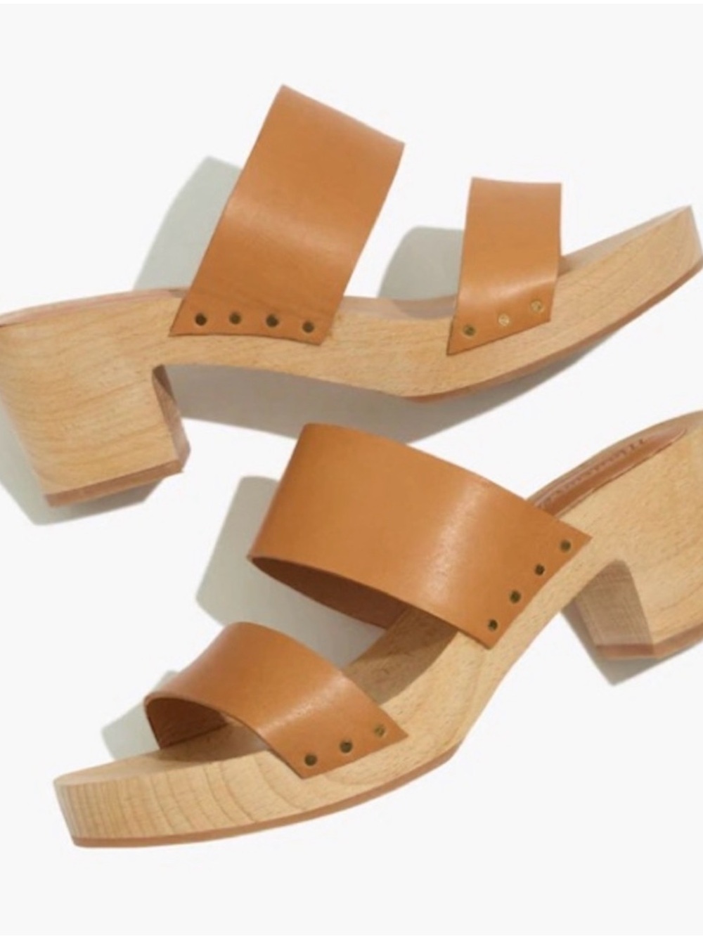 Madewell Tan Leather Two-Band Wood-Heel Mules